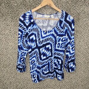 Chicos Top Womens 0 US Small Blue Scoop Neck 3/4 Sleeve Stretch Tee Casual